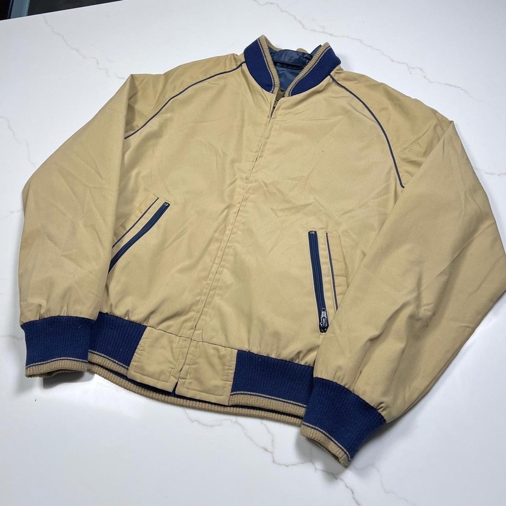 70s Outerwear JCPenney Bomber Jacket Mens Medium Tan Navy Reversible Vintage
